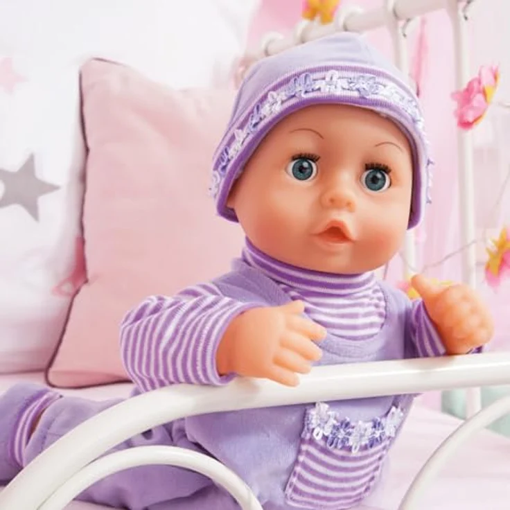 Bayer Babypuppe First Words Baby, 38 cm, lila, mit Schlafaugen und 24 Babygeräuschen, 3-tlg. Set mit Flasche und Schnuller – Bild 5
