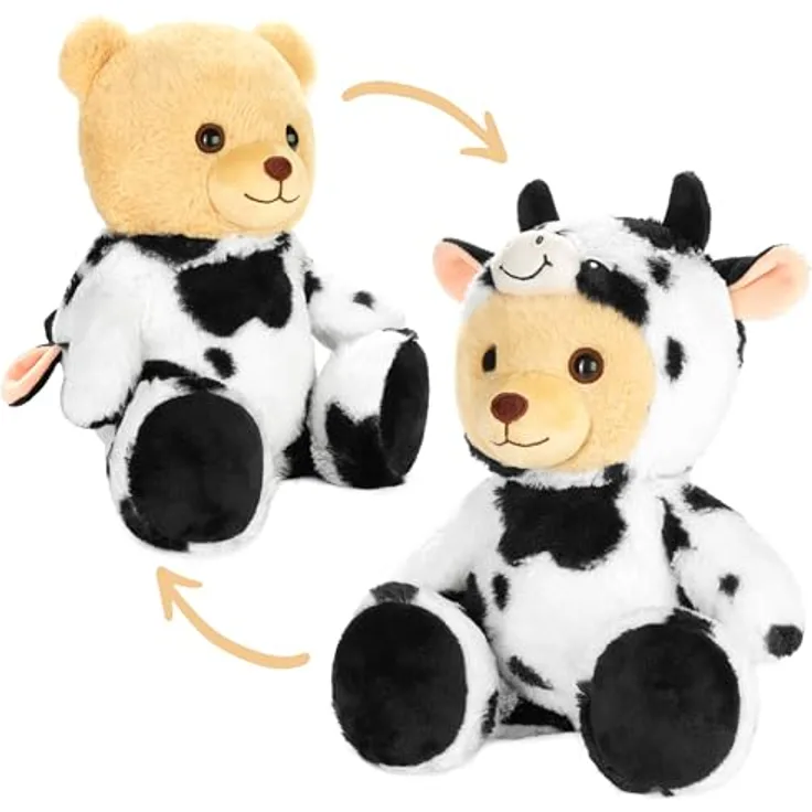 BRUBIES Teddy Kuh - 25 cm Teddybär im Kuhkostüm mit abnehmbarer Kapuze - Extra weiches Plüschmaterial - Pflegeleicht - Kuscheltier Geschenk für Kinder