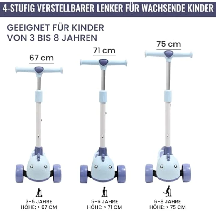 Habib Gruppe Kinderroller Tretroller 3-Rad LED Roller, Höhenverstellbar & Faltbar, Tierdesign für Mädchen & Jungen (3-8 Jahre), blau – Bild 4