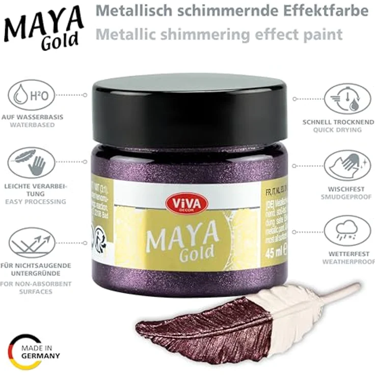 Viva Decor Maya Gold 45ml (Bordeaux) - Metallic-Acrylfarbe für Holz, Glas und Porzellan, stoßfest, wischfest und wetterfest für glänzende Metall-Effekte – Bild 3