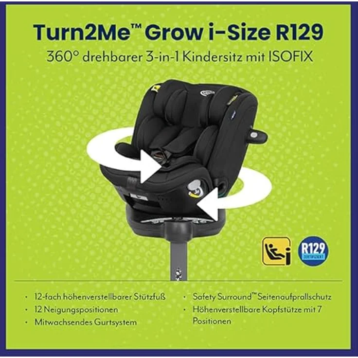 Graco Turn2Me Grow i-Size R129, drehbarer 3-in-1 Kindersitz für Rückwärts- und Vorwärtsnutzung, ISOFIX, ab Geburt bis 7 Jahre – Bild 2