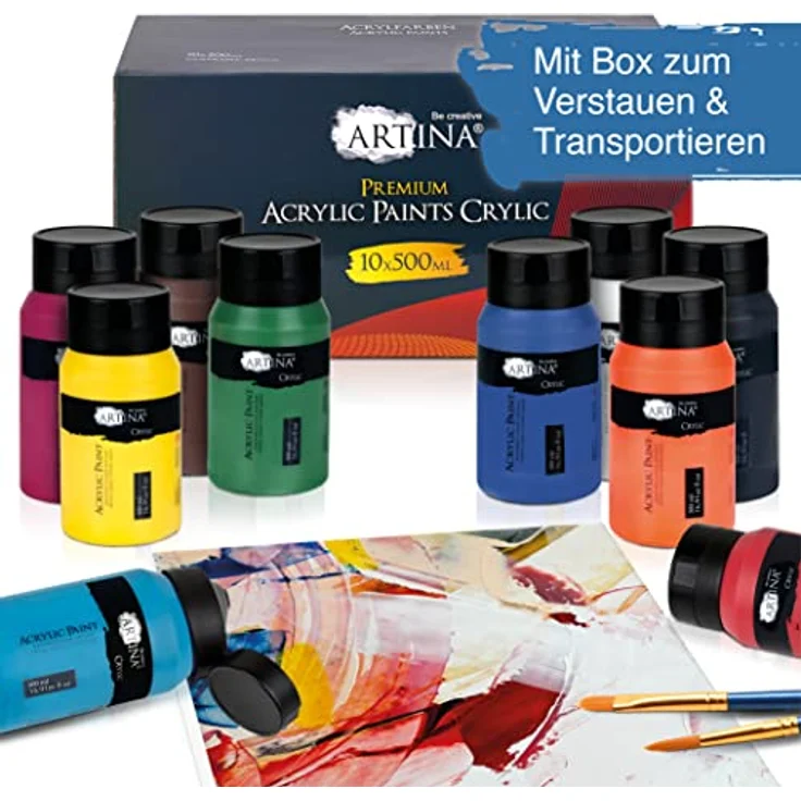 Artina 10er Acrylfarben Set 500ml, Hochdeckende Schnelltrocknende Künstlerfarben, Wasserfest mit Hoher Pigmentierung für Lebendige Farben – Bild 2