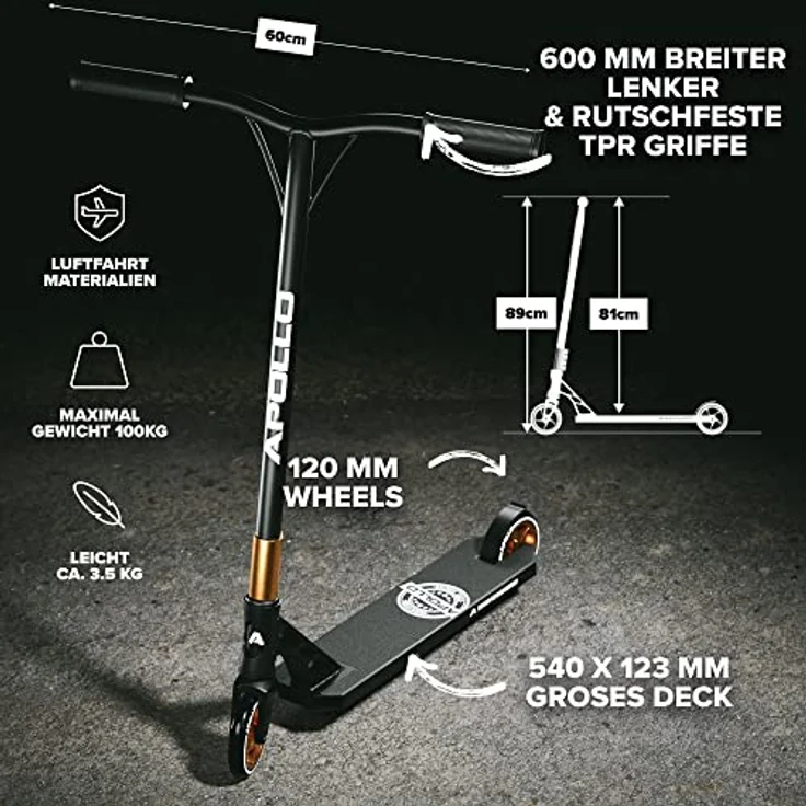 Apollo Stuntscooter Stunt Scooter Genesis Pro X Competition - High End Roller, Freestyle Tricks, PU-Wheels mit Alu Core, ABEC 9 Kugellager, 360° T-Lenker, verschiedene Farben – Bild 3