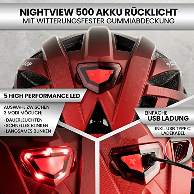 Dunlop Sports Fahrradhelm mit Licht-Sofort gesehen Werden-Ultraleichter Spezial Damen Herren Kinder Fahrrad Helm mit Visier und Rücklicht für hohe Sicherheit-Urban Helm (Schwarz/Rot, M (55-59 cm)) – Bild 4