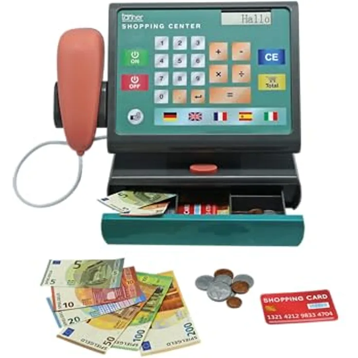 Tanner - Der kleine Kaufmann DEKO – Scannerkasse mit Scan- und Sprachfunktion, interaktiv, inklusive Spielgeld, Kunststoff, 27 x 17 x 22 cm