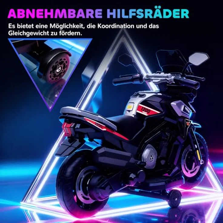 AIYAPLAY Elektro Motorrad Kinder, 6V Kindermotorrad mit 2 Hilfsrädern, Soft-Start, Beleuchtung, Musik, bis zu 2,4 km/h, schwarz – Bild 4