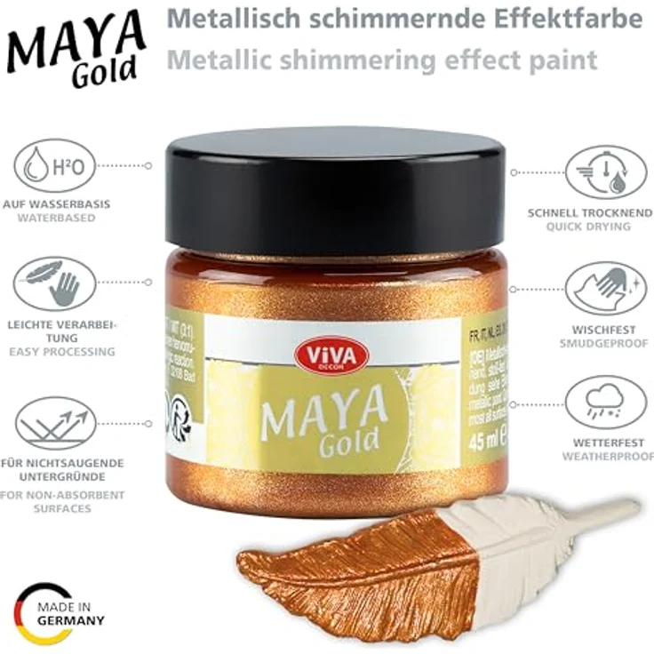 Viva Decor Maya Gold 45ml (Orange Gold), Metallic-Acrylfarbe für Holz, Glas und Porzellan, stoßfest, wischfest und wetterfest – Bild 3