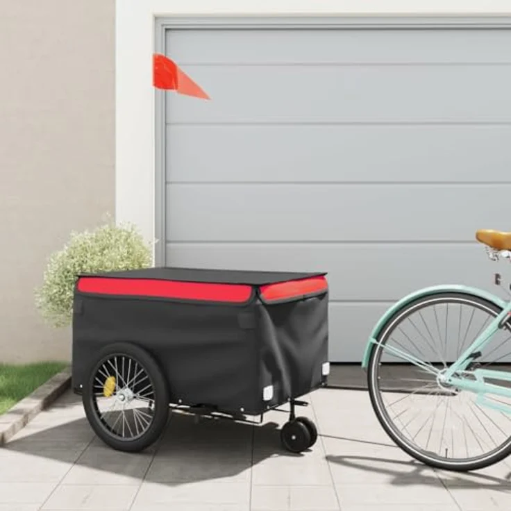 vidaXL Fahrradlastenanhänger Fahrradanhänger Schwarz und Rot 45 kg Eisen, Robuster Fahrradanhänger mit Deichsel und Sicherheitsflagge – Bild 2
