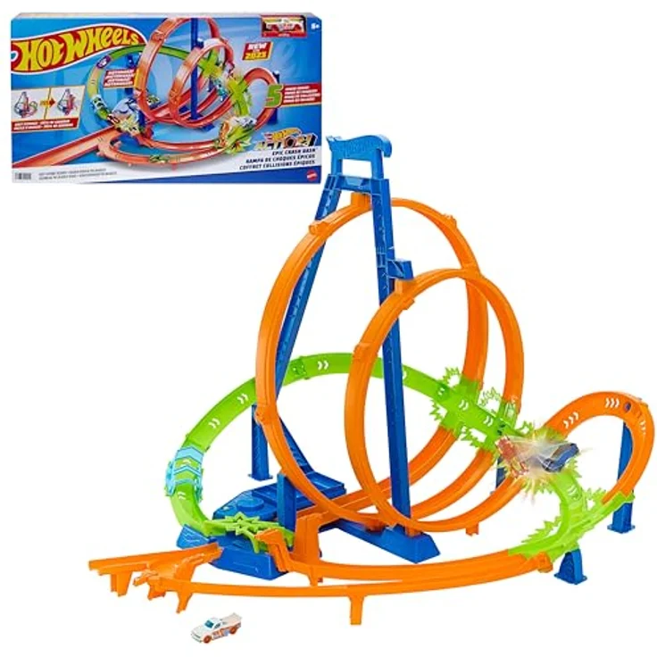 Hot Wheels Episches Crash-Rennen Trackset, 5 Crash-Zonen mit motorisiertem Beschleuniger und 1 Hot Wheels Auto im Maßstab 1:64, leicht zusammenklappbar, HTP55 – Bild 1