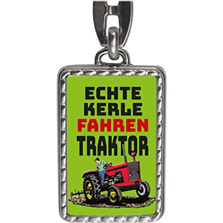 speecheese Echte Kerle fahren Traktor Schlüsselanhänger, grüne Bordüre, inkl. Metall-Schlüsselring, 10 cm Länge