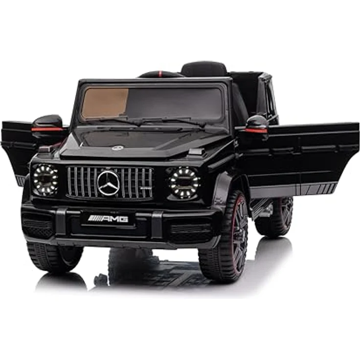 FINOOS Mercedes G63 AMG Elektroauto für Kinder, 12 V, mit Fernbedienung, 2 + 1 Geschwindigkeitsstufen, Hupe, LED, Musik und USB-Anschluss, Schwarz – Bild 1