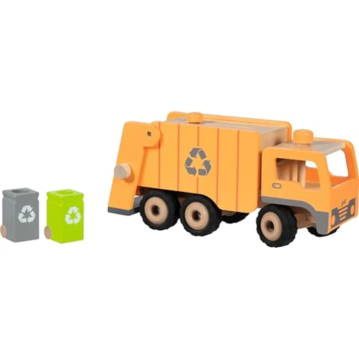 goki 55848 Müllwagen Eco aus Holz, lenkbar über Drehknopf, mit Heck-Hebevorrichtung und 2 Mülltonnen, 36 × 16 × 17,5 cm – Bild 1