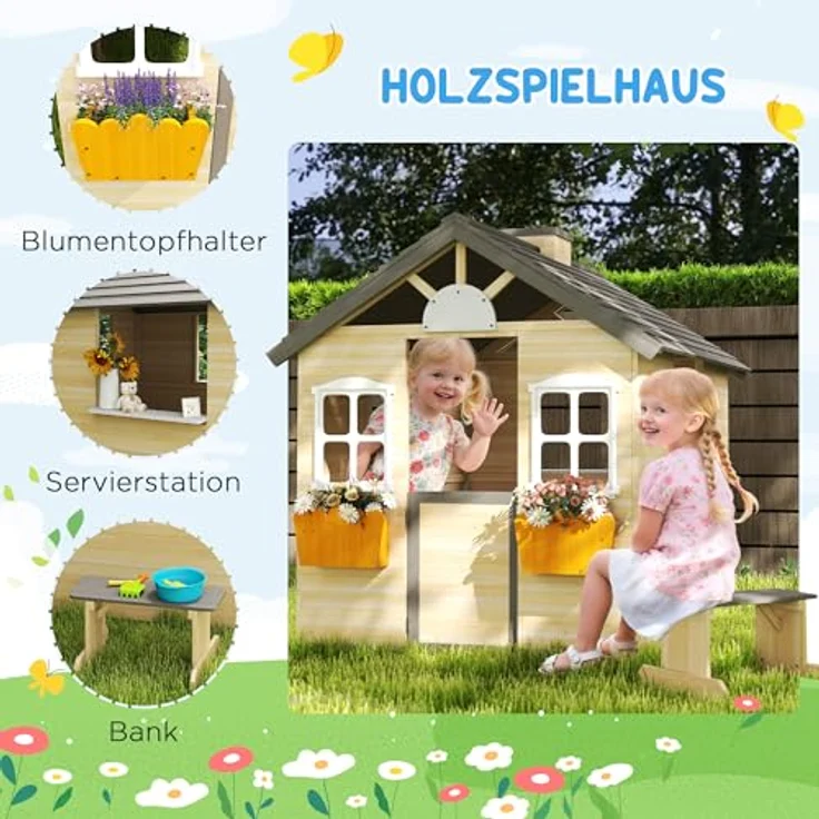 Outsunny Spielhaus aus Holz, Kinderspielhaus mit Tür, Fenster, Briefkasten und Blumentopfrack, für Jungen und Mädchen 3-7 Jahre, Indoor & Outdoor Natur സ്വാഗത – Bild 4