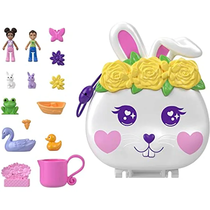 POLLY POCKET Blumen-Häschen Schatulle - Spielset mit Wasserspaß und Farbwechseleffekt, 2 Puppen, 12 Zubehörteilen und 5 Funktionen, für Kinder ab 4 Jahren, HKV36