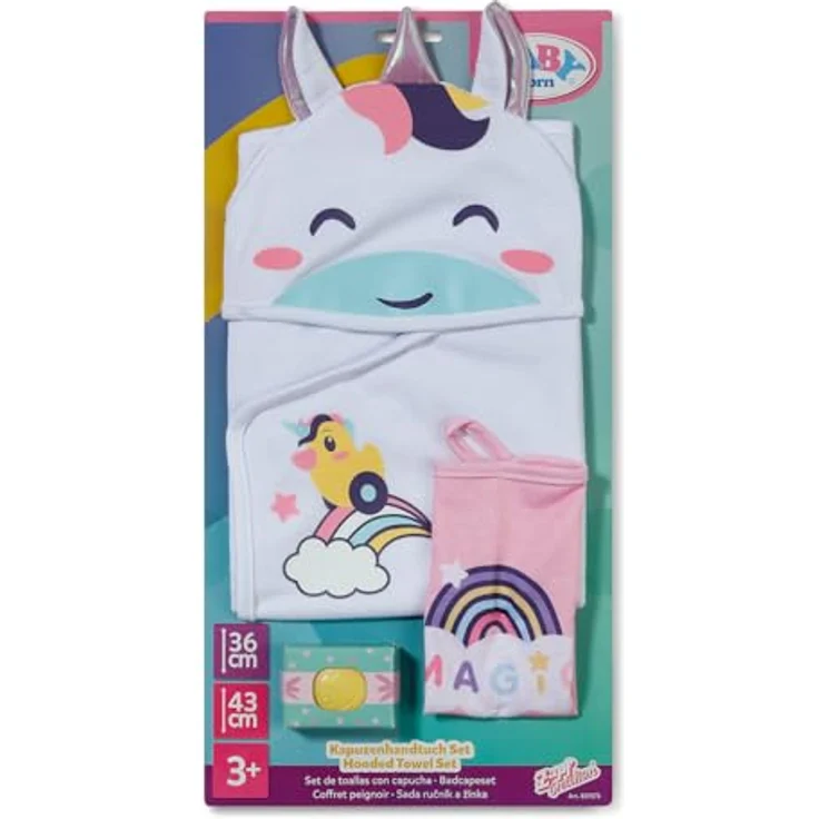BABY born Kapuzenhandtuch Set, Doppelpack mit Einhorn- und Regenbogenmotiv, für Puppen in 36 cm und 43 cm Größe, weiches Material – Bild 2