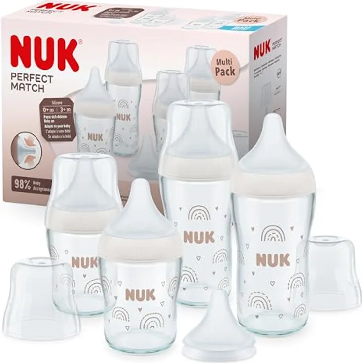 NUK Perfect Match Glas-Babyflaschenset | Ab 6 Mon. | Passt sich dem Baby an | Temperature Control | 4 Anti-Colic-Flaschen und zus. Silikontrinksauger | 120 ml & 230 ml | BPA-frei | Regenbogen | 5 St.