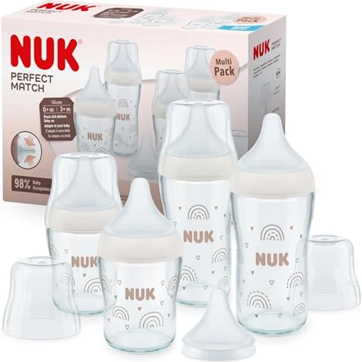 NUK Perfect Match Glas-Babyflaschenset | Ab 6 Mon. | Passt sich dem Baby an | Temperature Control | 4 Anti-Colic-Flaschen und zus. Silikontrinksauger | 120 ml & 230 ml | BPA-frei | Regenbogen | 5 St. – Bild 1