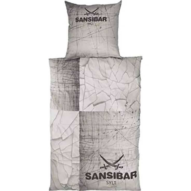 Sansibar Satin Wendebettwäsche 2 teilig Taupe/Grau - mit großem SANSIBAR SYLT Säbel Logo, Reißverschluss, 100% Baumwolle, Digitaldruck, geprüft nach OEKO TEX STANDARD 100