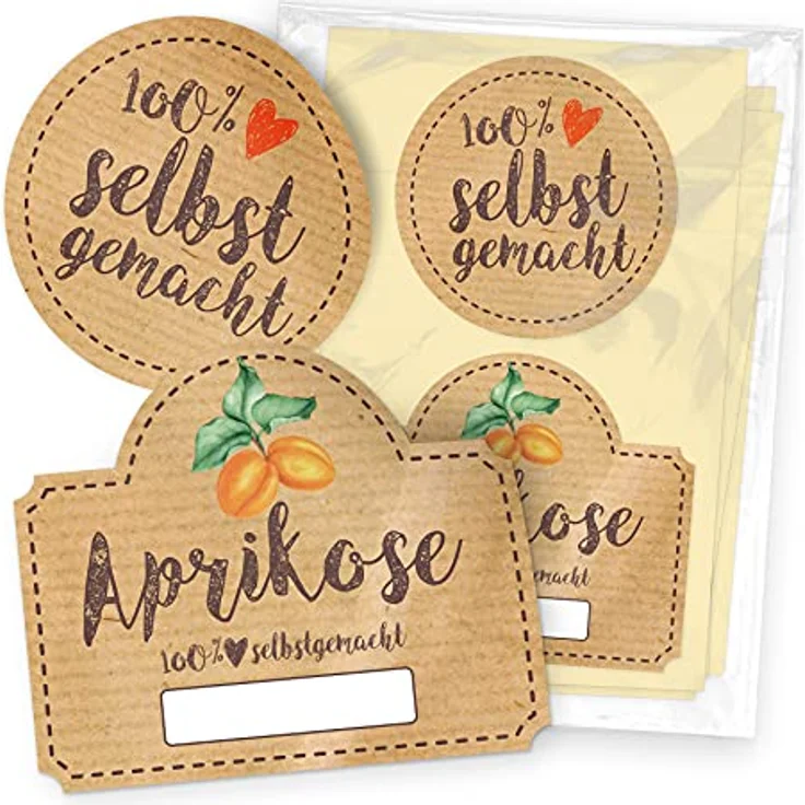 itenga Marmeladen Etikett Aprikose, selbstgemachte Sticker aus braunem Haftpapier, 20 Aufkleber (10 rund, 10 rechteckig) für Einmachgläser und Geschenke – Bild 2