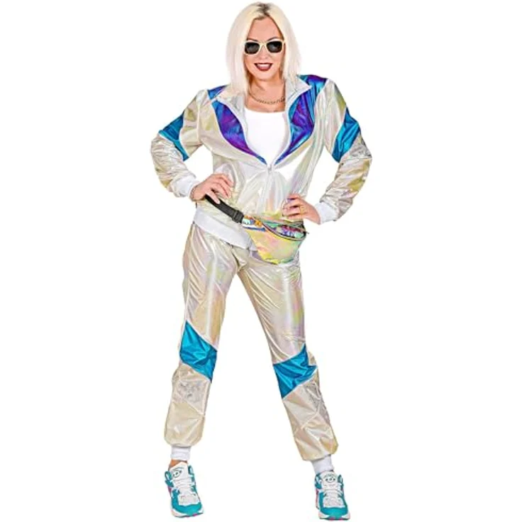 W WIDMANN MILANO Party Fashion Kostüm Trainingsanzug, Retro-Style 80er Jahre Jogginganzug in holografischem Weiß, Größe L für Karneval & Party – Bild 4