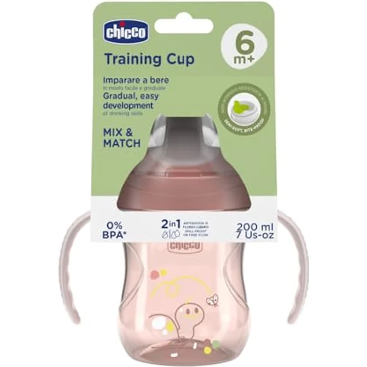 Chicco Training Trinklernbecher, Auslaufsicherer Kunststoffbecher mit ergonomischer halbweicher Tülle und abnehmbaren Griffen, Rosa – Bild 5