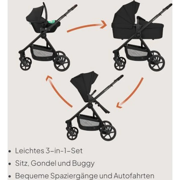 Lionelo Greet 3in1 Kombikinderwagen mit Babyschale und Sportsitz, Leichtgewicht, UPF50+, Wendbarer Sportsitz, Schwarz – Bild 3