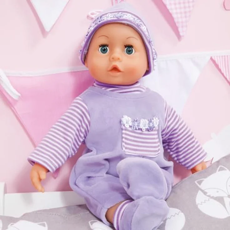 Bayer Babypuppe First Words Baby, 38 cm, lila, mit Schlafaugen und 24 Babygeräuschen, 3-tlg. Set mit Flasche und Schnuller – Bild 7