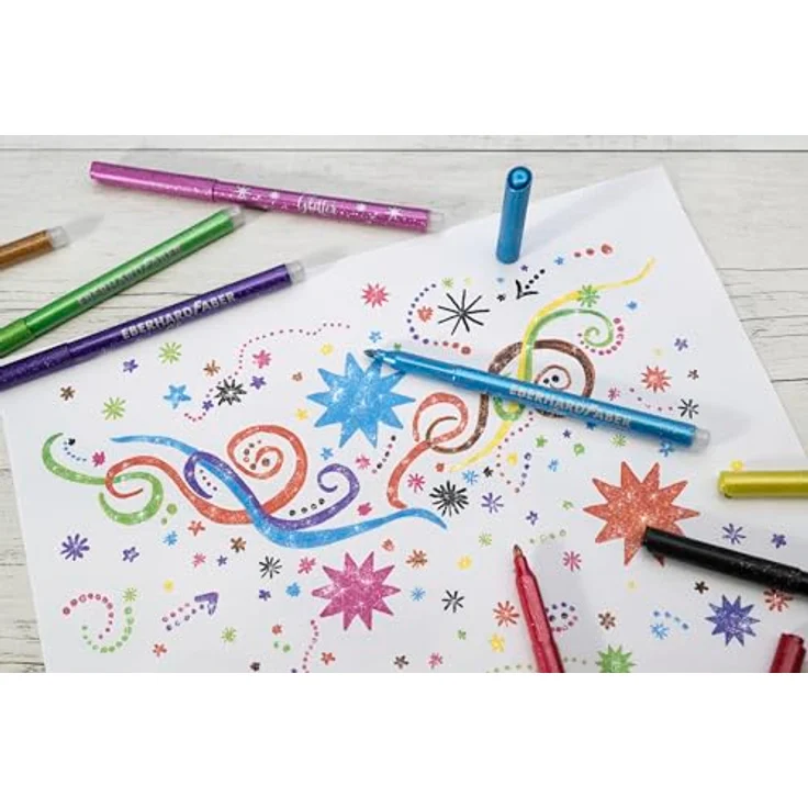Eberhard Faber Filzstift Fasermaler Glitzer 8er-Sc. EFA Wasserbasis-auswaschbar, Glitzernde Farben, 3mm Linienbreite, 8er-Set, Gelb, Rot, Rosa, Lila, Hellblau, Grün, Braun, Schwarz – Bild 4