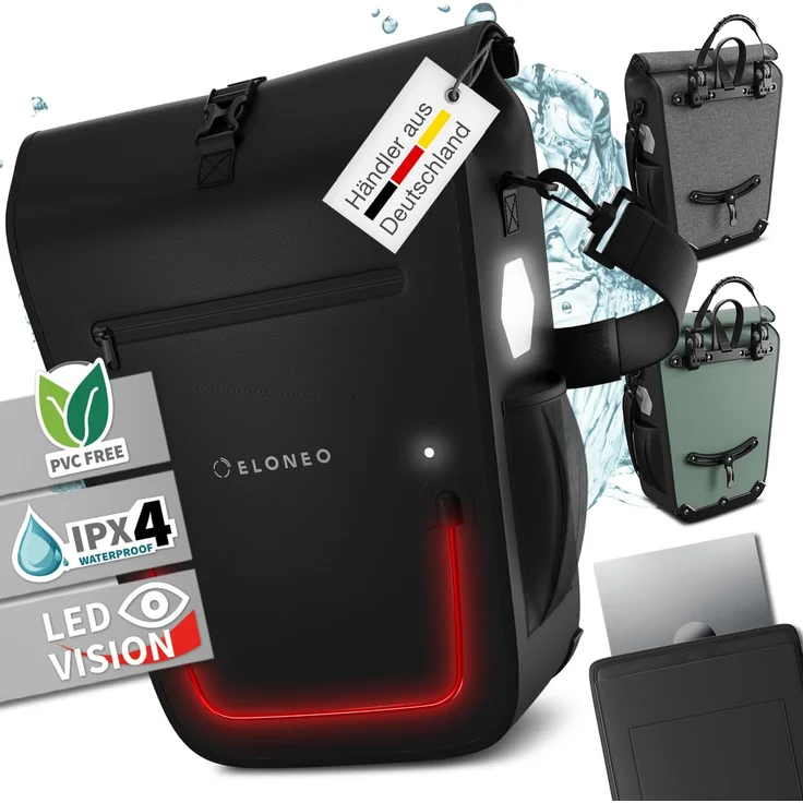 eloneo Fahrradtasche Gepäckträgertasche, wasserdicht mit LED, schwarz