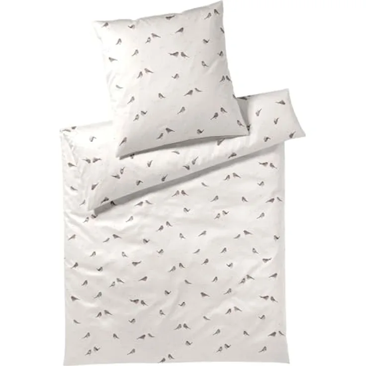 Elegante Mako-Satin Bettwäsche Rotkehlchen Natur 135 x 200 cm + 80 x 80 cm, Kinderbettwäsche mit niedlichen Vogelmotiven in Rot