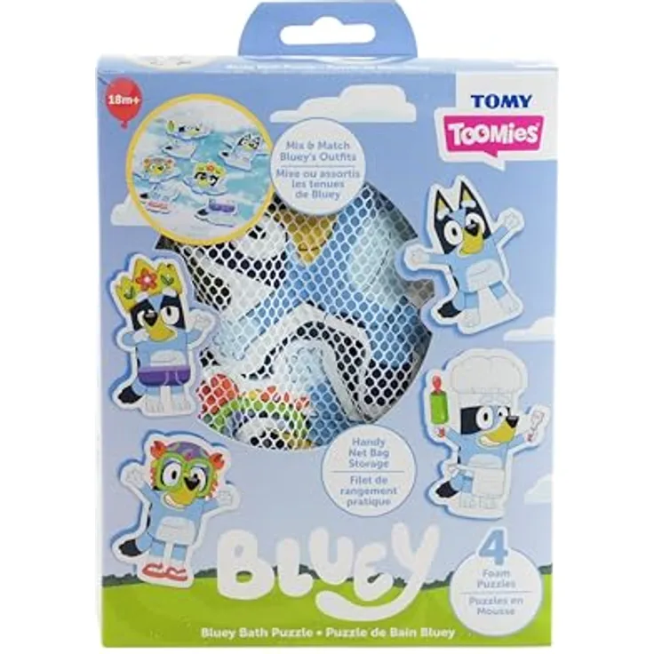 TOMY Toomies Bluey Bad-Puzzle, Mix and Match Schaumstoff Badespielzeug mit 8 Teilen, inklusive Netztasche zur Aufbewahrung mit Saugnäpfen, ab 18 Monaten