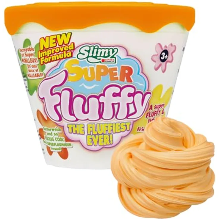 SLIMY Super Fluffy Orange, 100g Spielmasse im Becher, dermatologisch getestet, glutenfrei, pädagogisch wertvoll, mit fruchtigem Duft