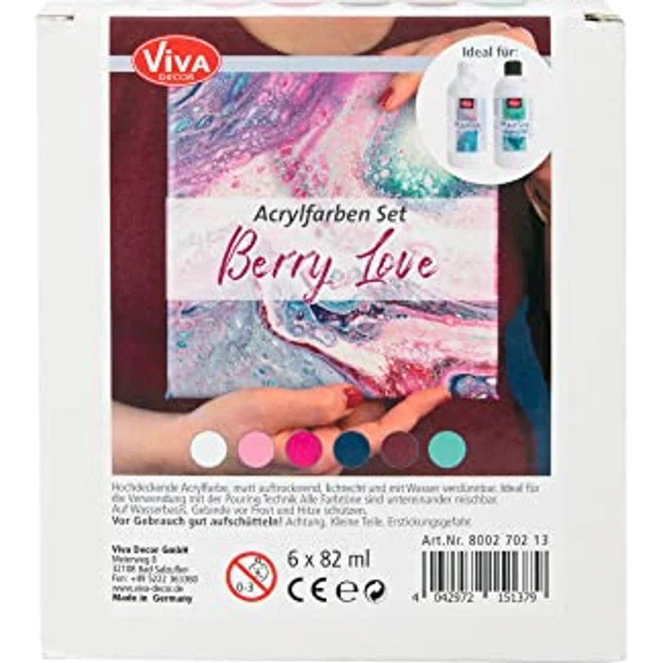 Viva Decor Acrylfarben-Set "Berry Love", 6 x 82 ml, matte Farben für Pouring Malerei, Rosé, Bordeaux, Türkis, Nachtblau, Pink, Weiß, lichtecht und deckend – Bild 2