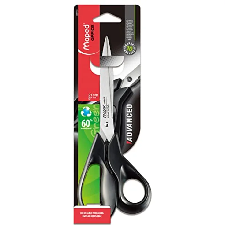 MAPED Advanced Green Papierschere, 21 cm, ergonomische 3D-Griffe, schwarz, aus 70% recyceltem Kunststoff, auf Blisterkarte