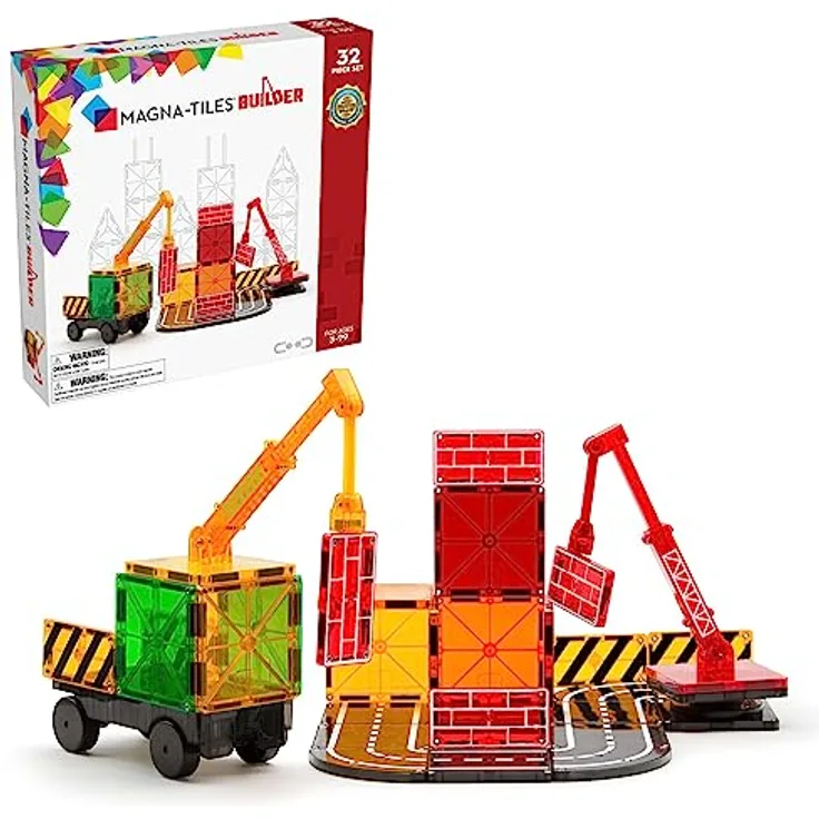 Magna-Tiles Builder 32 Piece Set, The Original Magnetic Building Tiles for Creative Open-Ended Play, Educational Toys for Children Ages 3 Years + (32 Pieces) (21632)