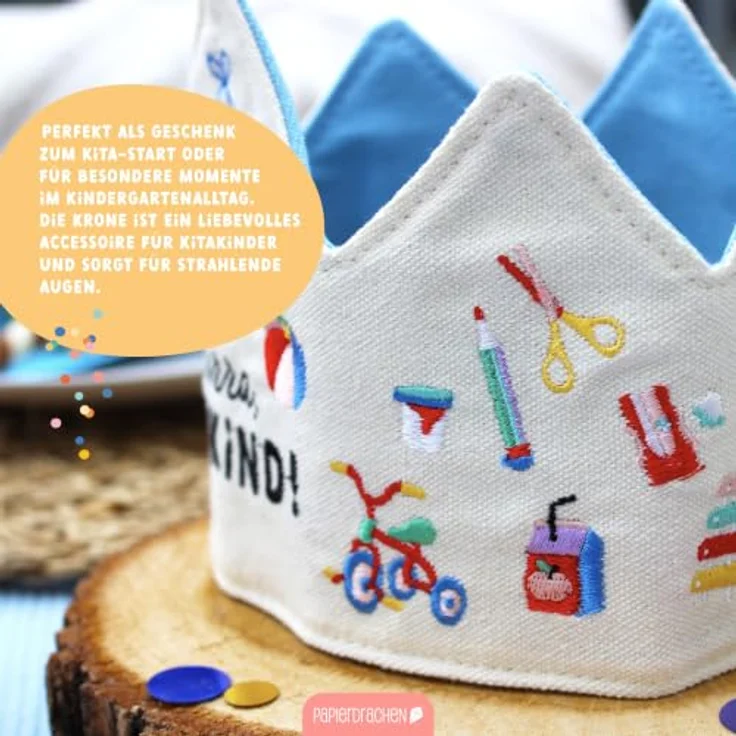 Papierdrachen Krone Kitakind, Beige mit bunter Stickerei, Baumwolle, individuell anpassbar, für den Kindergartenstart – Bild 3