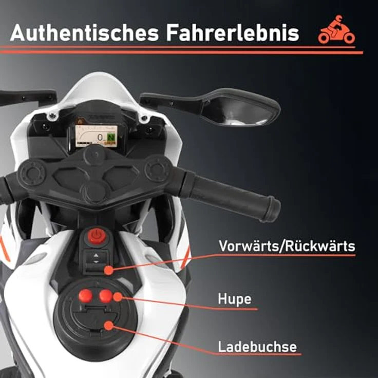 Lemodo Elektro-Kindermotorrad Honda Elektrofahrzeug für Kinder ab 3 Jahren, weiß/schwarz, LED-Leuchten, 6 V 4,5 AH Batterie, 3-4 km/h, ca. 90 x 44 x 52 cm – Bild 5