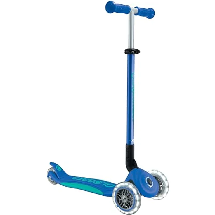Globber Primo Foldable Plus Lights Roller - Tretroller Kinder ab 3 Jahre - Scooter 120/80 mm - ABEC 5, 3-rädrig mit LED Rollen höhenverstellbar - dunkelblau-türkis – Bild 1