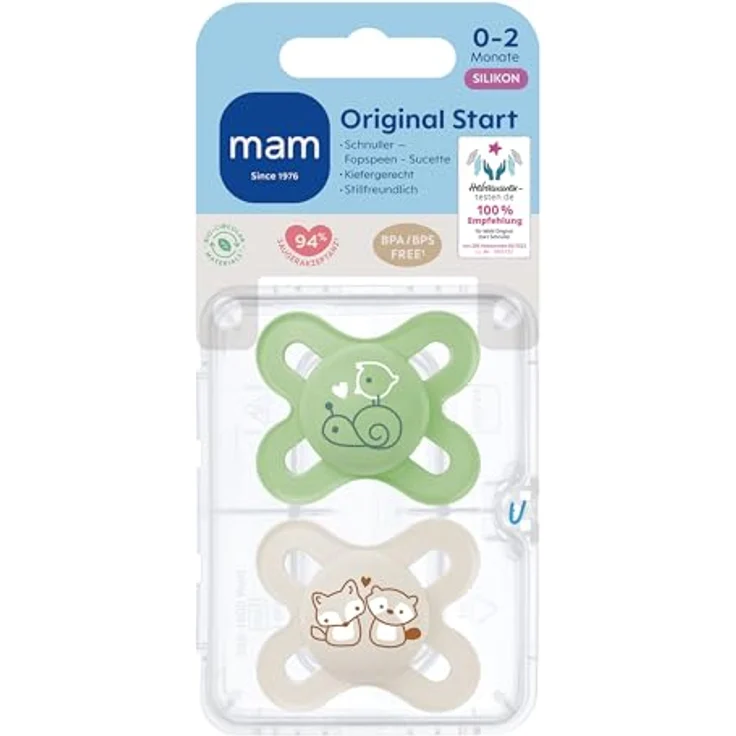 MAM Start Pure Schnuller im 2er-Set, Baby Schnuller speziell für Früh- und Neugeborene, aus nachhaltigem & bio-erneuerbarem Material, mit Schnullerbox, 0-2 Monate, Schnecke/Fuchs – Bild 3