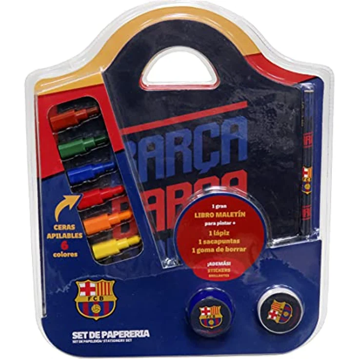 FC Barcelona Kreativset, Schreibset mit Malbuch, 6 Buntstiften, Bleistift, Radiergummi und Aufklebern in praktischer Aktentasche – Bild 5