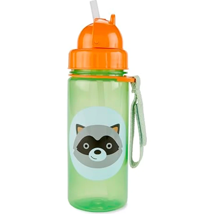 Skip Hop Zoo Strohhalmflasche - Waschbär, 384,5 ml, BPA frei, mit umklappbarem Strohhalm, spülmaschinenfest, praktische Schlaufe – Bild 2