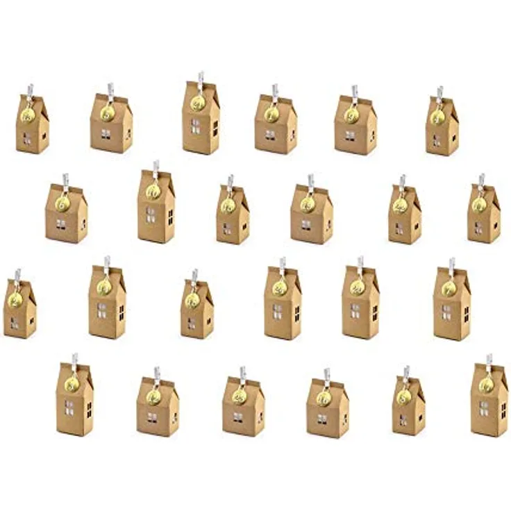 PartyDeco Adventskalender Häuser mischen Weihnachten Party Familientreffen, 3 Muster von Papierhäusern, 24-teilig, goldene Papierbügel