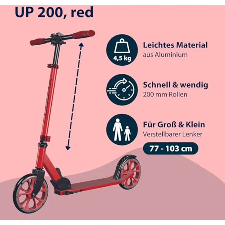 Hudora Scooter 14452 Up 200, höhenverstellbar, Alu-Leichtbauweise, 200mm Rollen, rot – Bild 3
