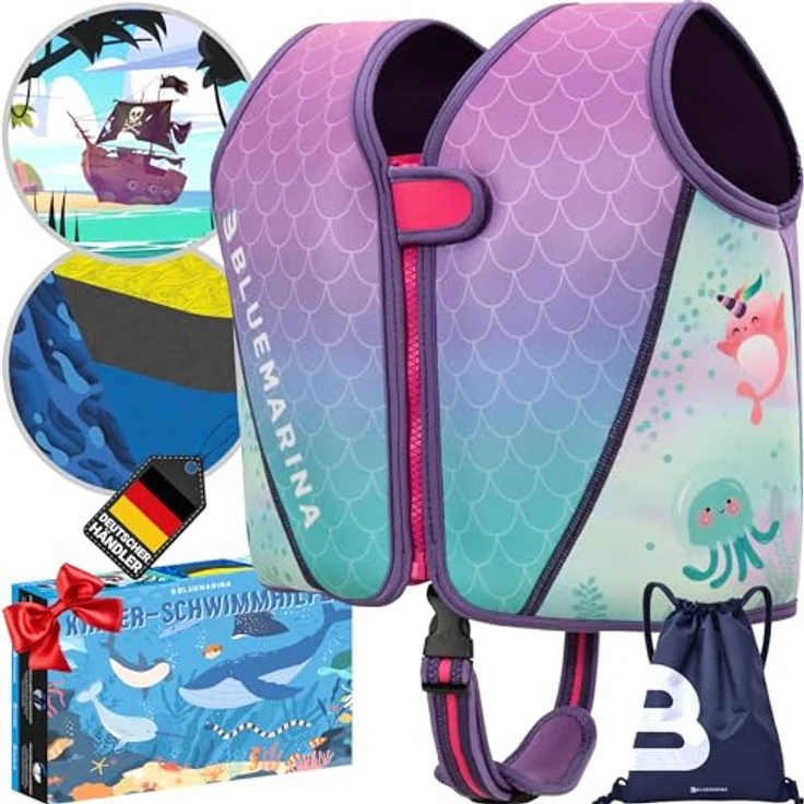 Bluemarina Schwimmweste für Kinder, Schwimmlernhilfe mit UV-Schutz und Schrittgurt, Größe M (Mermaid, 15-19 kg) – Bild 1
