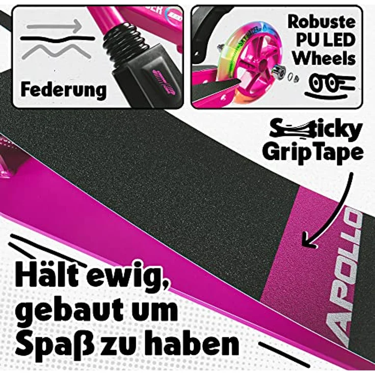 Apollo Scooter LED Skyracer, City Roller mit Federung und höhenverstellbarem Lenker, klappbar, für Kinder ab 5 Jahren und Erwachsene, pink/weiß – Bild 4