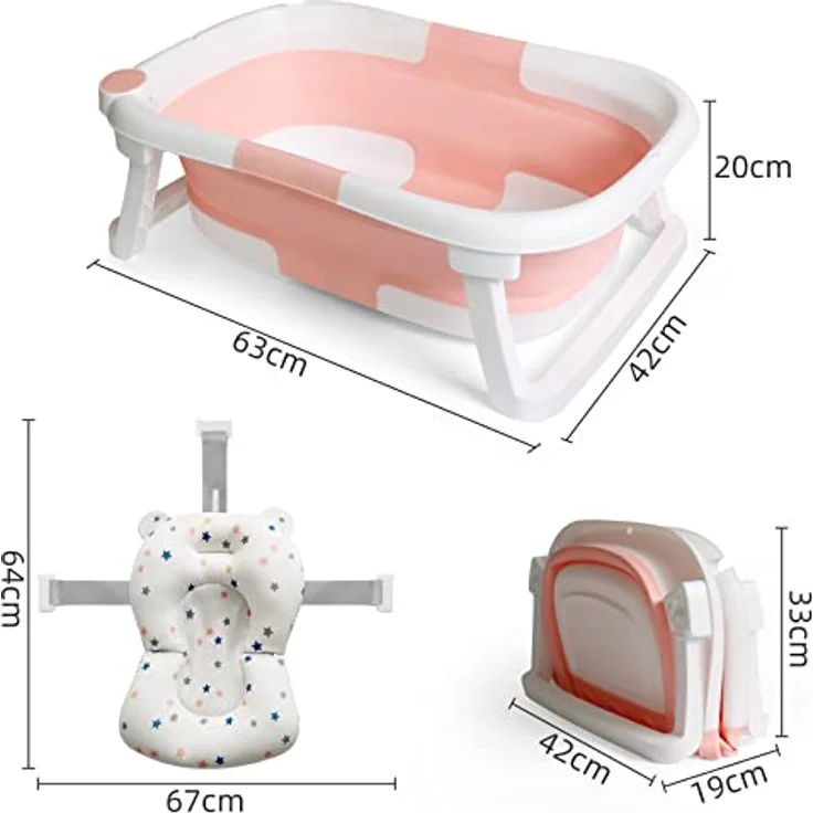 Baby Badewanne Faltbare Babybadewanne Kinder, Neugeborene Baby-Plastikbadewanne mit faltbaren Anti-Rutsch-Beinen Zusammenklappbare Badewanne für das Baden von Kleinkindern | Rosa und Weiß – Bild 7