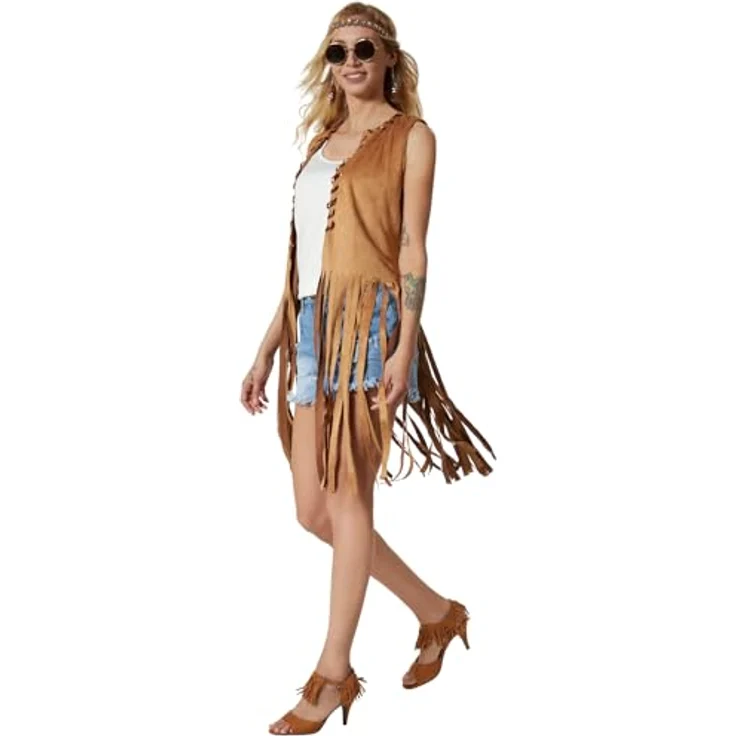 dressforfun Hippie Kostüm, Damen 60er Jahre Kostüm, 70er Mode Damen, XXL - Braune Weste mit tollen Accessoires – Bild 3
