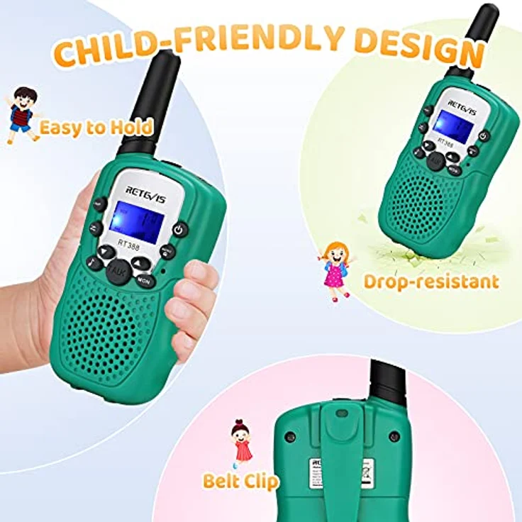 Retevis RT388 Walkie Talkies für Kinder, größere Reichweite 8 Kanäle Taschenlampe VOX, Spielzeug Geschenk ab 3-12 Funkgerät, für Camping Wandern, Garten (2er Pack, Grün) – Bild 4