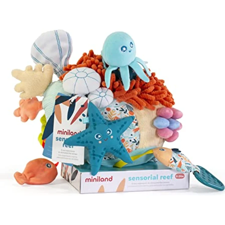 Miniland Spielball Sensorial Reef Entdeckerball, fördert Sinne mit Rassel und Beissring, 17 x 20 cm, bunt – Bild 8