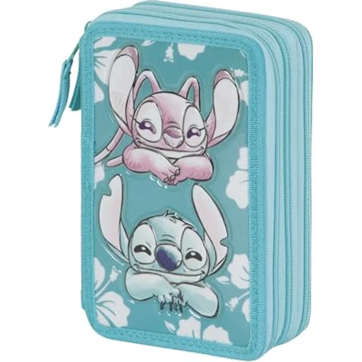 Disney Lilo und Stitch Tropic-Gefülltes Dreifach-Federmäppchen, Blau, 14 x 21 cm